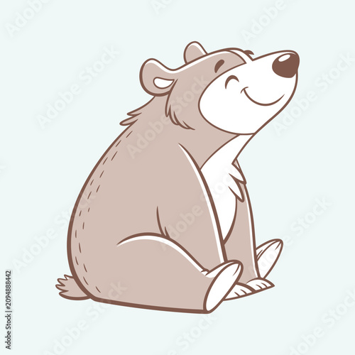 Friendly smiling grizzly bear sitting on ground for children book illustration or posters.