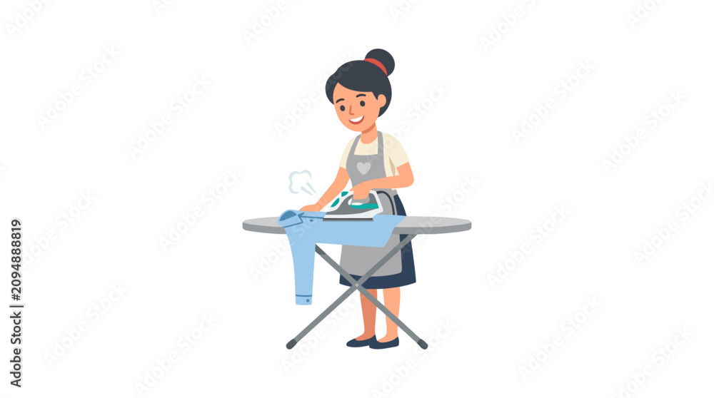 Fototapeta premium Clean of a Woman Ironing Light Blue Clothing with a Modern Ironing Board with high quality professional line art symbols for modern creative design and digital branding projects
