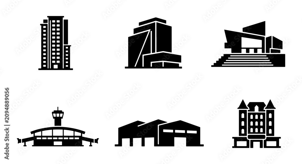 Obraz premium Modern Architecture Icons, Diverse Building Silhouettes, Urban Cityscape Elements, Commercial Property Graphics, Contemporary Design Set