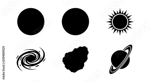 Fényképezés Cosmic Icons Set: Celestial Bodies, Planets, Sun, Galaxy, Nebula, Black Hole Vec