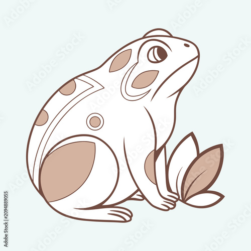 Elegant spotted frog sitting calmly near tropical leaves on light blue background design.