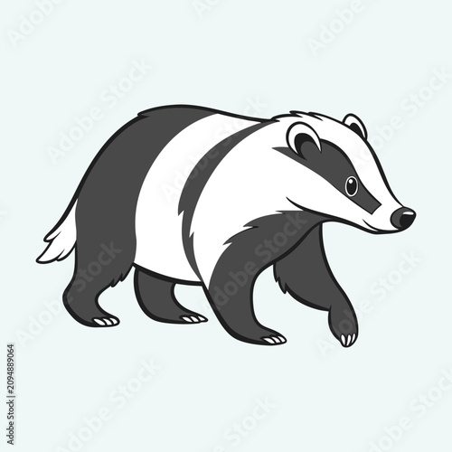 Badger walking side view black and white stripes wildlife cartoon vector illustration.