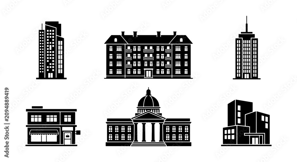 Obraz premium Modern and Classic Building Icons Set, Architectural Silhouettes Collection, Urban Architecture Vector Graphics, Cityscape Elements