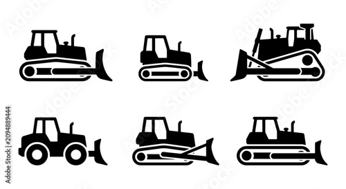 Фотография Bulldozer Icons Set, Construction Vehicle Silhouettes, Heavy Machinery Vector Gr