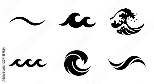 Schilderij op canvas Set of 6 Black Wave Icons, Ocean Swells and Water Motion Graphics, Stylized Sea