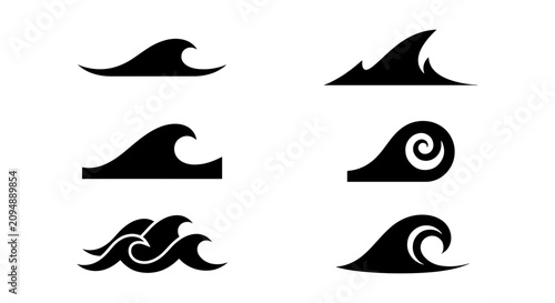Set of six black wave icons, abstract ocean crests, stylized water symbols, simple marine graphic elements for design