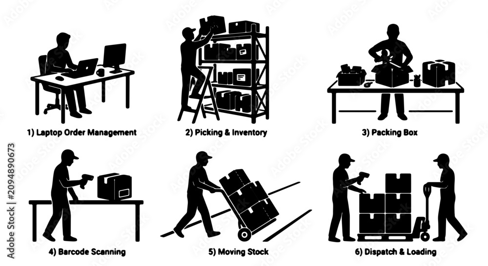 Fototapeta premium Logistics Icons Set: Order Management, Inventory, Packing, Scanning, Moving Stock, Dispatch & Loading, 6 Elements