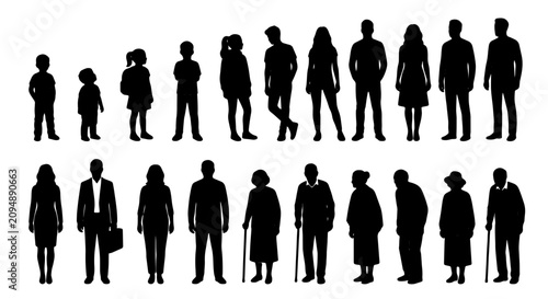 Diverse Human Silhouettes Collection, Representing All Ages and Genders, Black Vector Icons for Life Stages and Community Concepts