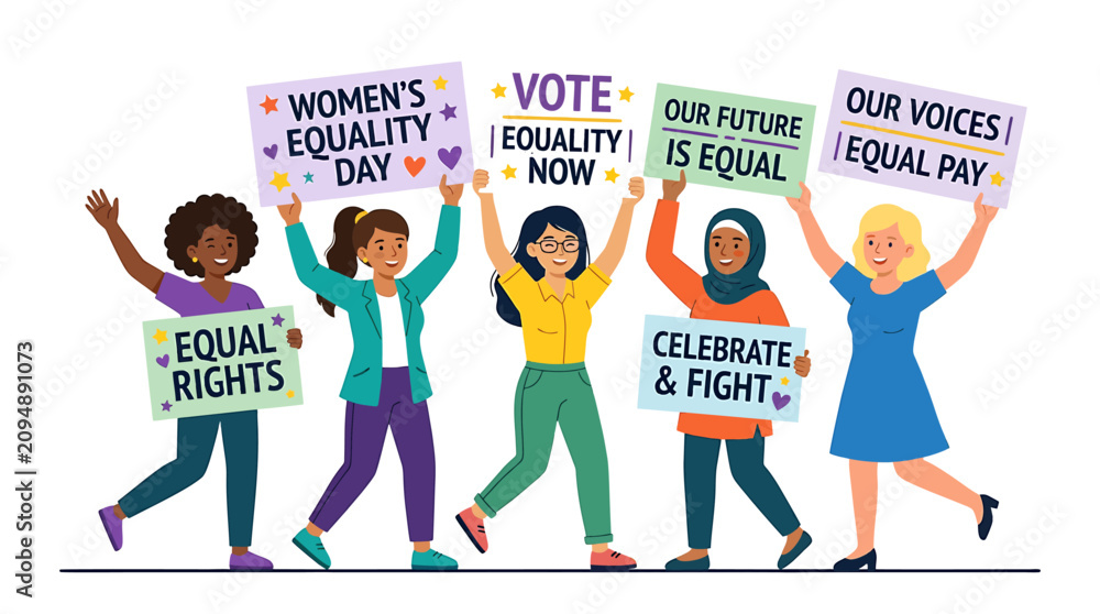 Fototapeta premium Women's Equality Day Protest with Diverse Women Holding Equality Rights, Equal Pay and Voting Signs Celebrating Gender Justice, Inclusion and Empowerment Vector Illustration