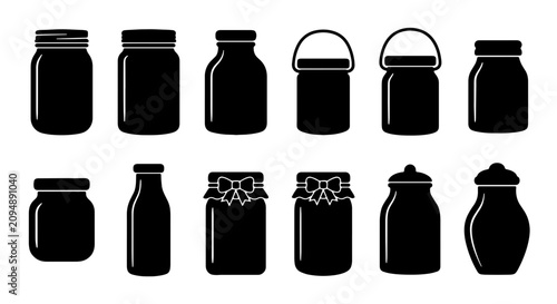 Bild auf Leinwand Collection of Black Silhouette Glass Jars and Containers, Various Shapes and Siz
