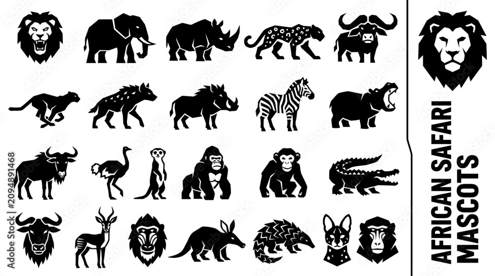 Fototapeta premium Collection of African Safari Animal Silhouette Vector Icons Featuring Wildlife Creatures for Graphic Design Projects (23)