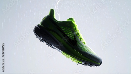 Neon green running shoe suspended in rain with lightning