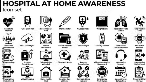 Hospital At Home Icon Set Remote Patient Monitoring Telemedicine Connected Care Vector Illustration
