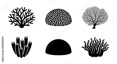 Canvas Print Diverse Coral Collection, Marine Life Icons, Underwater Ecosystem Silhouettes, O