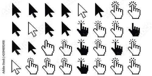 Pixel art computer cursor arrow and hand click icons set for retro digital interface navigation