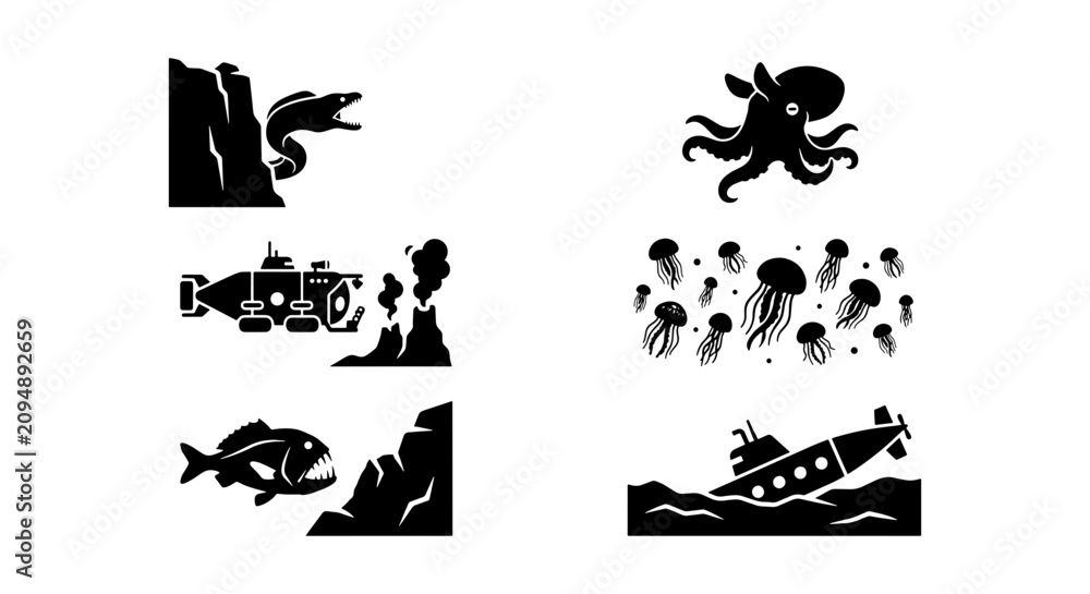 Fototapeta premium Ocean Exploration Icons: Submarine, Octopus, Jellyfish, Fish, Sea Monster, Volcano, Underwater Scenes, Vector Graphics