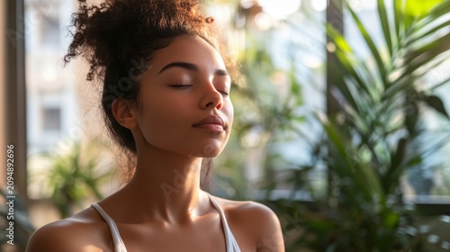 woman practicing breathing exercises in a minimalist apartment; generative ai