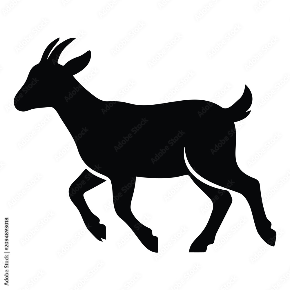 Fototapeta premium Black silhouette of a running goat, side view on white background, animal livestock
