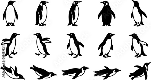 Fotografie Penguin silhouettes vector set, antarctic bird icons, black flightless animal shapes, walking swimming diving poses, winter marine wildlife graphic elements