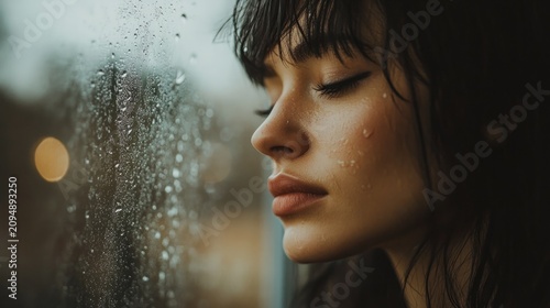 woman reflecting in silence by a rain-covered window; natural light coming from the window; generative ai