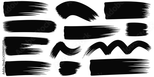 Black grunge paint brush strokes collection set with organic smear ink textures on transparent