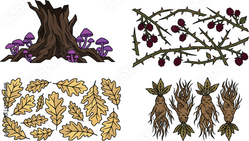 Bild auf Leinwand Vector set of magical forest elements featuring a tree stump with purple mushroo