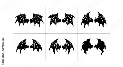 Foto Six Black Bat Wings Vector Icons, Gothic Devil Wings Set, Fantasy Creature Emble