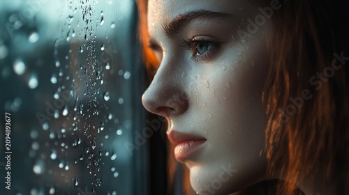 woman reflecting in silence by a rain-covered window; natural light coming from the window; generative ai