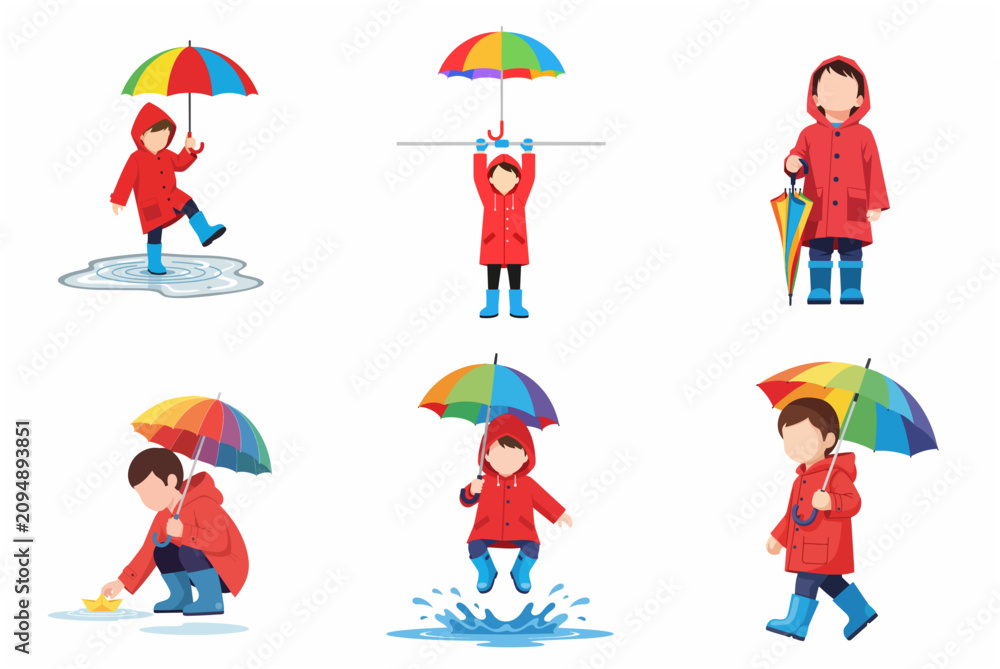 Fototapeta premium Set of vector illustrations of a child in a red raincoat and blue boots playing in the rain with a rainbow umbrella, jumping in puddles, and sailing a paper boat.
