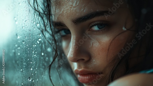 woman reflecting in silence by a rain-covered window; natural light coming from the window; generative ai