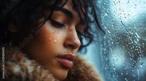 woman reflecting in silence by a rain-covered window; natural light coming from the window; generative ai