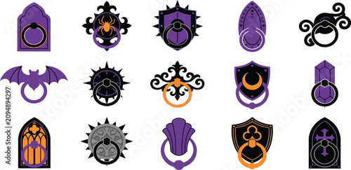 Obraz na płótnie Set of decorative Halloween door knockers, vintage metal handle designs, spooky seasonal architectural elements, flat vector illustration, isolated white background