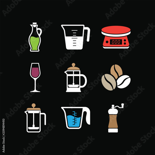 Coffee And Cooking Utensils Flat Icon Set On Black