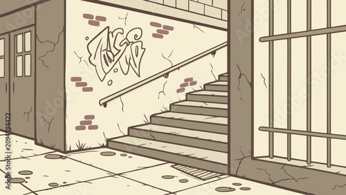 Urban alleyway staircase and brick wall graffiti with staircase graffiti stairway building architecture concrete infrastructure background perspective weathered illustration monochrome