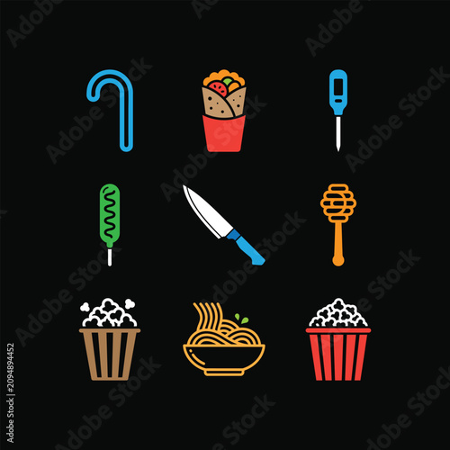 Food Icons Collection Flat Vector Illustration On Black Background
