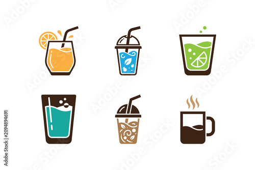 Assorted Beverage Icons With Straws On White Background