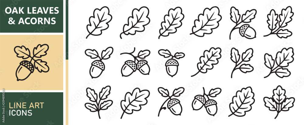 Obraz premium Editable Oak Leaf and Acorn Outline Icon Pack for Autumn Seasonal Projects