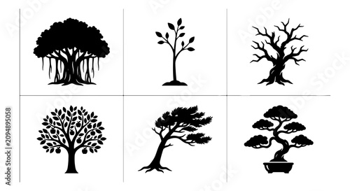 Bild auf Leinwand Diverse Tree Silhouettes Collection, 6 Vector Icons: Banyan, Sapling, Bare Branc