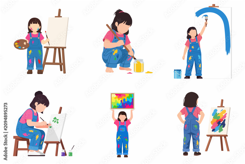 Fototapeta premium Set of little girl painter characters illustration. Young artist painting on canvas with brush and colorful paints. Creative hobby for kids vector collection.