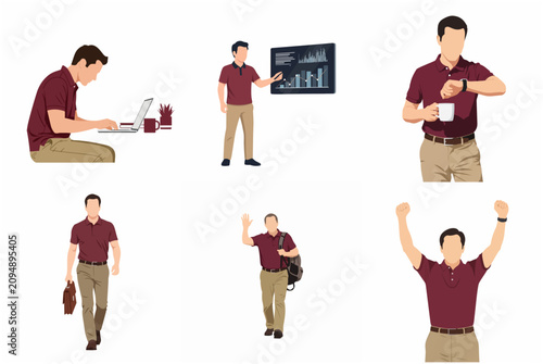 Vector Illustration Set of a Professional Man in Various Daily Work and Lifestyle Activities and Poses
