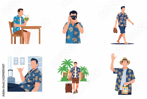 Set of male tourist character illustrations in various vacation activities wearing Hawaiian shirt