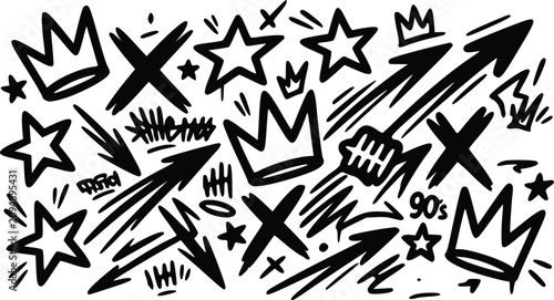 Bold black and white vector illustration featuring hand drawn graffiti crowns stars arrows and abstract scratch marks for urban design