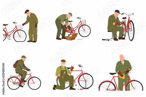 Senior man repairing and riding a vintage red bicycle, collection of flat vector illustrations of bike maintenance and cycling.