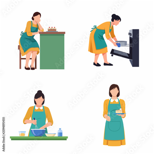 Set of flat vector illustrations of a woman baking and preparing a delicious cake at home