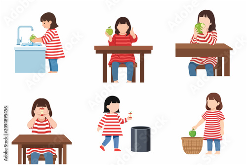 Vector illustration showing a sequence of a little girl washing, eating, and disposing of a healthy green apple.