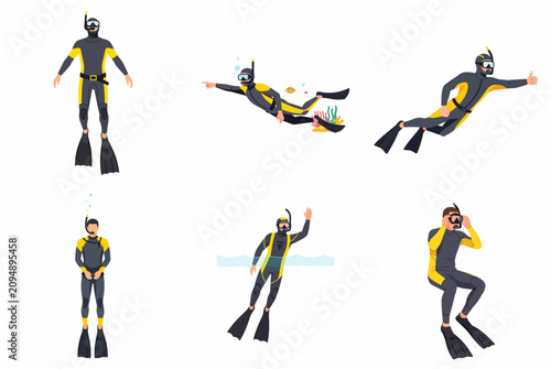 Set of scuba divers and snorkelers in wetsuits swimming and diving isolated on white background