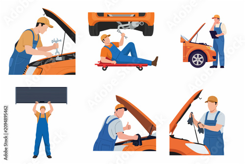 Professional car mechanic service and automotive repair illustrations set