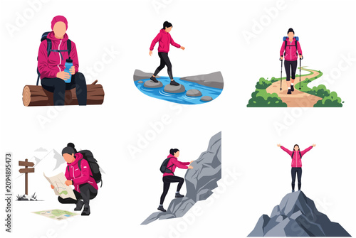 Set of vector illustrations of a female hiker trekking, climbing mountains, navigating with a map, and enjoying outdoor adventures in nature.