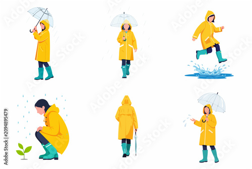 Set of flat vector illustrations of a girl wearing a yellow raincoat and boots enjoying rainy weather activities, jumping in puddles and walking with an umbrella.