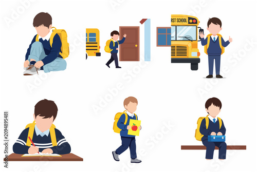 Back to school routine set with little boy student character wearing uniform and backpack